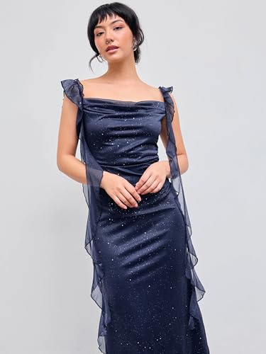 CIDER Summer Maxi Dress Wedding Guest Cowl Neck Glitter Ruffle Hem Bodycon Party Slim Formal Sleeveless Dress3