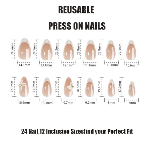 Image of White French Tip Press on Nails Flower Fake Nails Almond Nails Press ons | Chrome False Nails with Design Reusable Glossy Full Cover 3D Floral Stick on Nails for Women Nails DIY Decoration 24Pcs