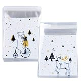 Bolsas de dulces autoadhesivas: material de bolsas de galletas de Navidad con PVC, transparente y ligero. No tóxico y sin olor, seguro de usar. Patrón de renos y osos, lo suficientemente atractivo y adorable para crear un ambiente cálido y dulce de Navidad.