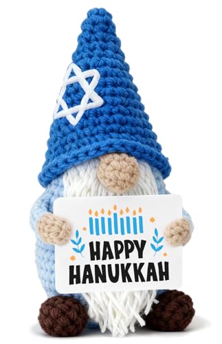 Weming Hanukkah Gnome Crochet Plush, Handmade Blue Gnome with Star David Hat & Happy Hanukkah Candle Card, Mini Amigurumi Jewish, Chanukah Decor for Women Kids, Festival of Lights Desk Ornament