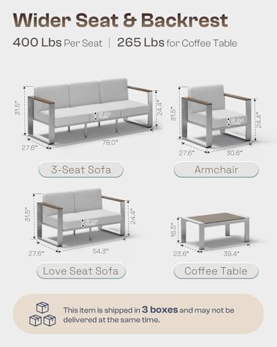 Image of Aluminum Outdoor Furniture Set, 4 Seats Outdoor Patio Conversation Sets with Ergonomic Seat and Wide Washable Thick Cushions, Modern Patio Sectional Furniture for Balcony, Porch (Gray)