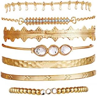 Branets Boho Crystal Bracelets Set Gold Layered Tassel Bangle Rhinestone Hand Chain Jewelry for Women and Girls (7 Pcs)
