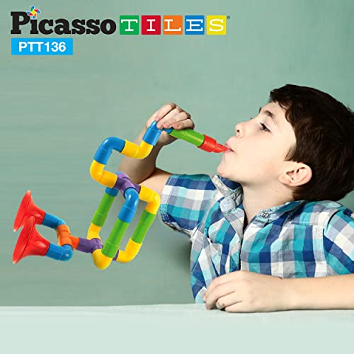 Picassotiles Ptt136 136Pcs Tubular Pipes & Spout Steam Interlocking Educational Building Block Set, Tube Locks, Pipeworks Construction Blocks W/Storage Container Box, Idea Book, Flute Musical Kit #TOP2