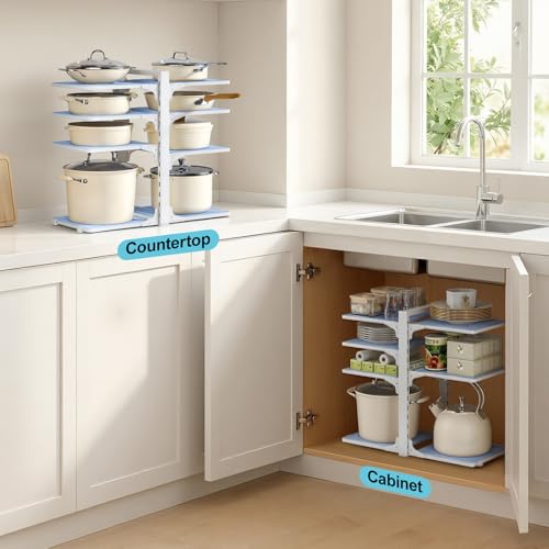 LAMU Pots and Pans Organizer under Cabinet, 8 Tier Heavy Duty Pan Organizers inside Cabinet, Adjustable Pot Rack for Small Kitchen Storage, 15" Height Holds Cast Iron Pans and Skillets White by LAMU - Used condition - Image 8