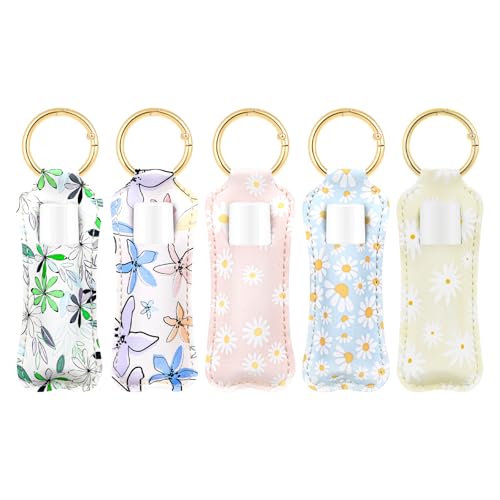 WK IEASON Lip Balm Holder Keychain Clip On PU Leather Lipstick Sleeve Pouch Lip Gloss Holder Lip Balm Sleeve Holder Keychain 5PCS（Floral Set B）