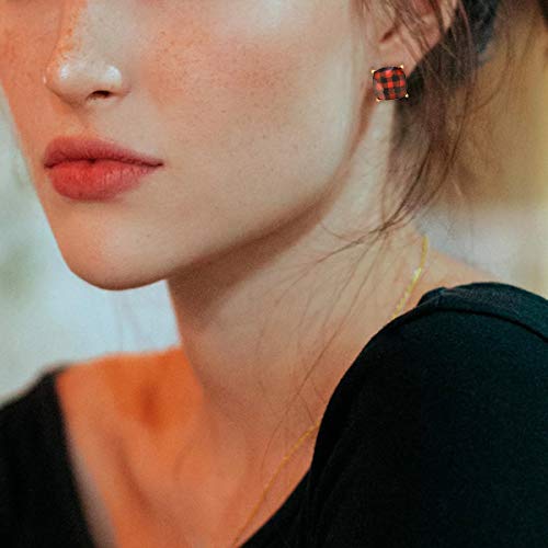 Buffalo Plaid Earrings For Women - Dainty Cushion Cut Matching Acrylic Gemstones With Stainless Steel Posts - Simple, Delicate Gems - Stud Earrings In An Open-Back Setting (Red Buffalo Plaid) #TOP2