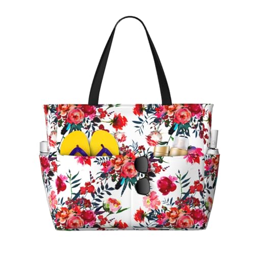 Sac de plage grand sac à bandoulière pour femme imprimé chic bouquets floraux rouge marine