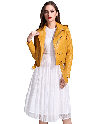 Ly Varey Lin Women's Faux Leather Motorcycle Jacket Pu Slim Short Biker Coat (M, Yellow) #TOP1