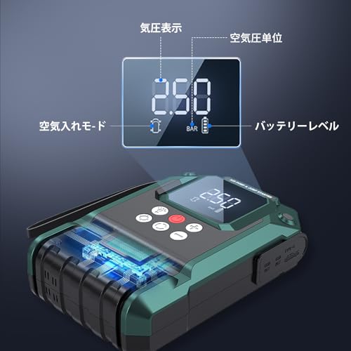 VLAIAN ジャンプスターター、エンジンスターター、DC/USB急速充電 150PSI 急速膨張 自動停止機能 自転車/バイク/車/ボールに適用 LED緊急 PSE認証