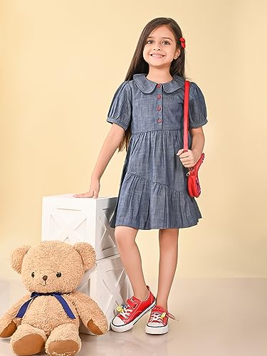 Image of LILPICKS Solid Button Down Drop Waist Denim DressFor Girls (Blue)