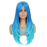 SWACC Peluca larga y lacia con flequillo, peluca de pelo sintético para mujer con gorra de peluca (azul azulado degradado)