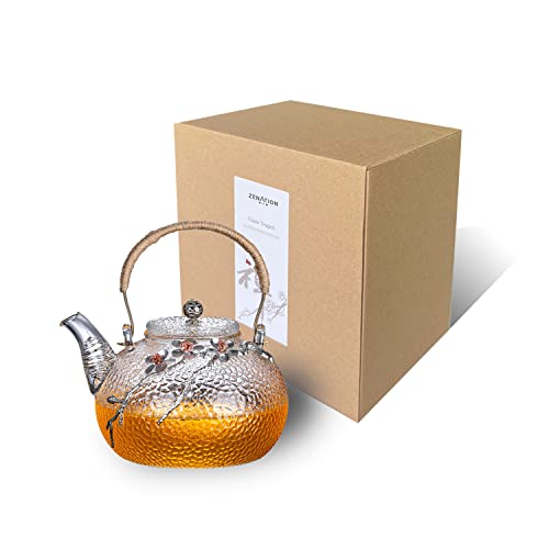 Zenation Japanese Style Hammered Glass Exquisite 900Ml Tea Pot, With Tin And Copper Plum Blossom Decoration #TOP7