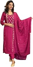 Traditional Embroidered Kurti Set with Dupatta, 3/4 Sleeve, Purple Green Yellow, Cotton