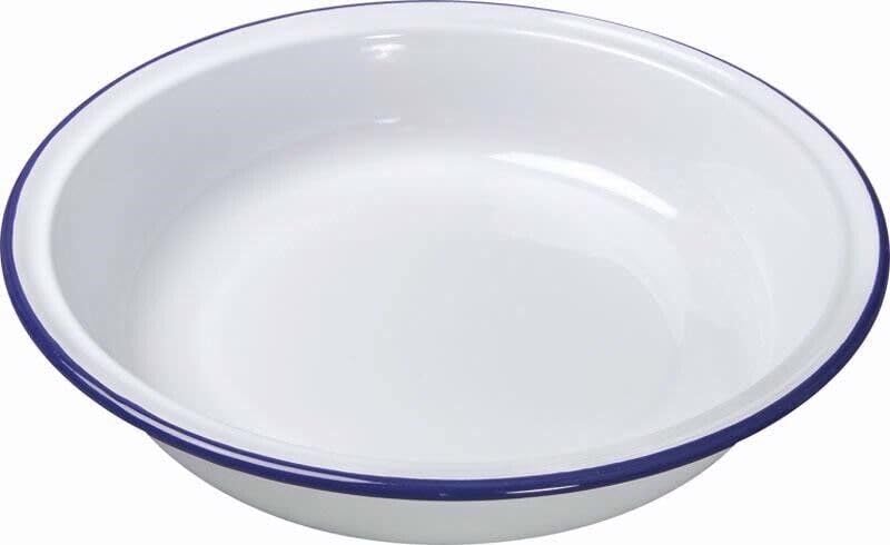 Premium Quality Traditional Enamel White & Blue Trim Rice, Pasta & Soup Bowls, Dinner & Pie Plates, Deep Dish Tableware (22cm)