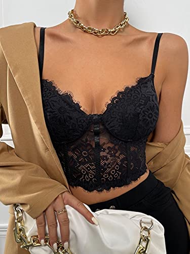 Shein Women's Lace Casual Camisole Cami Crop Tank Tops Lingerie Bustier Spaghetti Strap Crop Top Black Xs #TOP2
