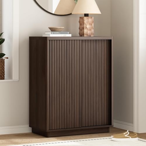 Image of WINWY Fluted Shoe Cabinet with Sliding Door, 6-Tier Large Hidden Storage Organizer Modern Shoe Rack with Adjustable Shelves, Mid Century Freestanding Wooden Shoe Storage Cabinet for Entryway,Walnut