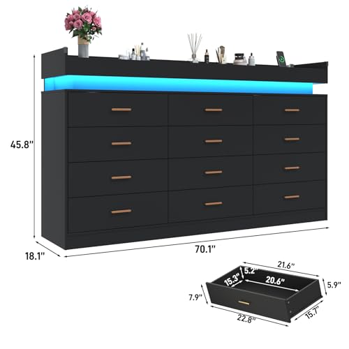 Image of Hlivelood 12 Drawer Dresser with LED Light and Charging Station, 70 inch Modern Chest of Drawers for Closet, Wide Drawer Organizer Cabinet for Bedroom, Living Room, Entryway, Hallway, Black