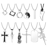 FIASASO 12Pcs Stainless Steel Pendant Necklace for Men Cool Goth Necklace Funky Gothic Cross Dog Tag Yin Yang Triangle Pendant Chain Necklace Set Silver
