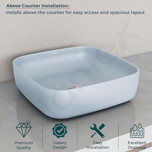 Image of Plantex Platinum Ceramic Tabletop Square Wash Basin /Countertop Bathroom Sink (Ocean, 16 x 16 x 5 Inch)