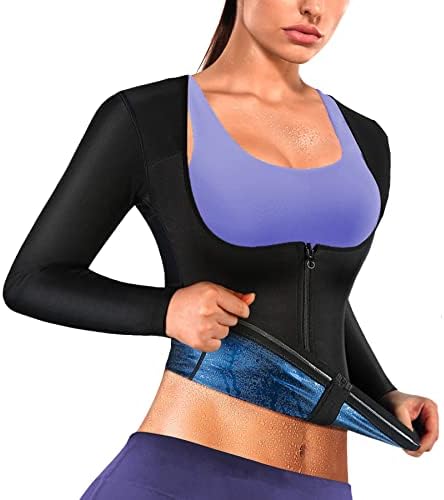 Sauna Suit Shirt for Women Weight Loss Sweat Waist Trainer Vest Workout Compression Tank Top Body Shaper for Women with Zipper L