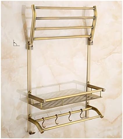 Bathroom Towel Bar Brass Storage Shelf 3-Story Bathroom Shelves with 5 Copper Hooks Vintage Distressed Foldable Wall-Mounted Storage Box Waterproof Rust-Proof Towel Holder (Size : 51cm) (61cm) image 5