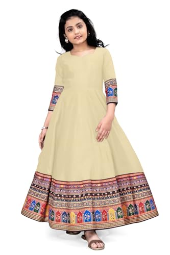 Image of Cotton Silk Long Anarkali Kurta for Girls