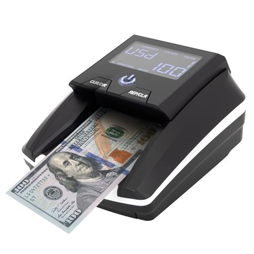 DETECK Detector portátil de billetes falsificados, 4 direcciones automáticas de USD y euros, detector de dinero falsificado DT-10C UV/IR/MG para pequeñas empresas (batería recargable incluida)