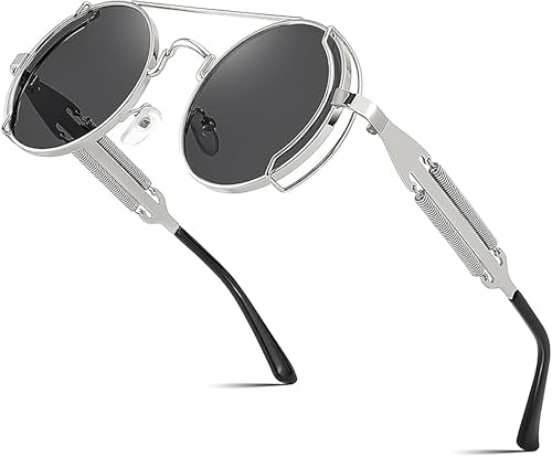 FEISEDY Aviator Sunglasses for Men Women, Retro Steampunk Gothic Round Metal Frame Hippie Glasses B2351