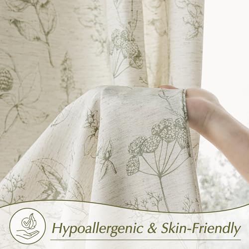 Image of FMFUNCTEX Linen Curtains Floral Patterned Curtain for Bedroom Living Room, Sage Green Curtains 96 Inches Long Farmhouse, Light Filtering Beige Window Curtain Grommet Top 2 Panels Set