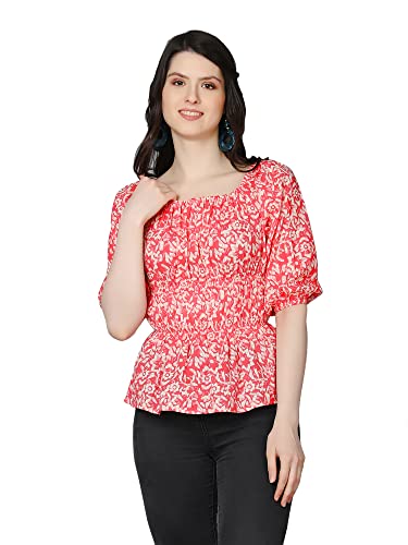 ZUVINO Cotton Summer Tops for Women || Stylish Peplum Tops for Women || Balloon Sleeve Top || Plus Size Tops for Women. (Small, Coral)