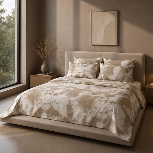 Image of VELOURA Tie-Dye Bedsheet Set, 100% Cotton, King Size 108x108 Inches, 300 Thread Count, with 2 Pillow Covers, Beige