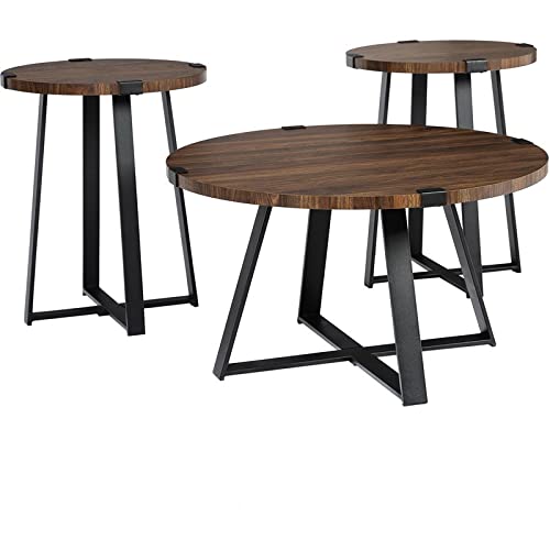 Pemberly Row 3-Piece Metal Wrap Coffee And End Table Set In Dark Walnut #TOP11