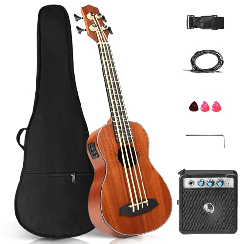 Ktaxon Electric Acoustic Bass Ukulele, 30 inch Mahogany Ukelele with EQ, Professional with 5W Amp E-A-D-G Ideal for Performances and Practice, Includes Gig Bag, Capo, Strap, Picks