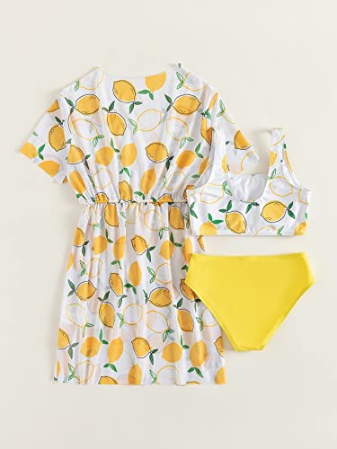 Cozyease Girls' 3 Piece Swimsuit Cute Lemon Print High Neck Drawstring Waist Bikini Set With Cover Up Multicolor 10Y #TOP1