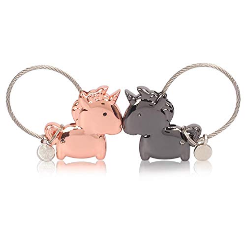 Preisvergleich Produktbild hellomagic 1 Paar Liebhaber Schlüsselanhänger, Einhorn Anhänger mit magnetischem Mund, Valentinsgruß Geschenk Geburtstagsgeschenk für Freund Freundin(Schwarz + roségold)