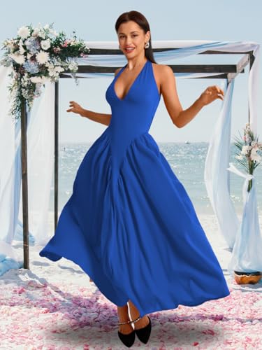 Image of ChiaoLezhee Deep V Neck Dress, Halter Maxi Dresses, Vacation Date Night, Sexy for Women Corset Flowy Wedding Guest Drop Waist