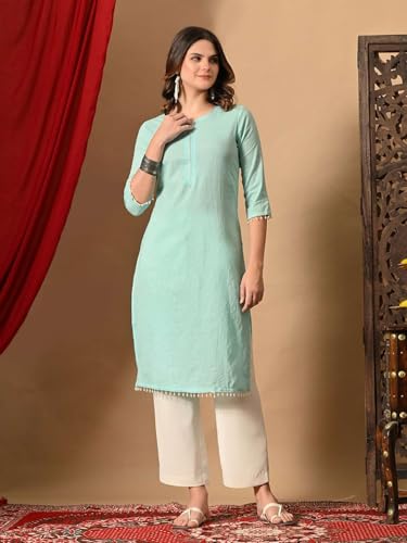 Image of Amazon Brand - Tavasya Women Cotton Katha Straight Regular Fit Kurta | Solid Ethnic Kurti | 3 /4 Sleeve Casual & Office Wear |Kurta for Women
