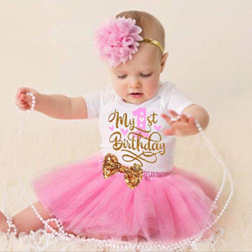 Grnshts Baby Girl Birthday Cake Smash Outfit Toddler Girl My 1St Birthday Romper Tutu Skirt With Headband Clothes Set (Hot Pink, 12-15 Months) #TOP6