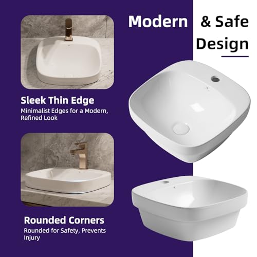 Image of 17″L x 17″D Drop-In Bathroom Sink with Included Pop-Up Drain, Los Flexi White Semi-recessed Bathroom Sink for Vanity, Modern Square Vessel Sink, One Faucet Hole, Above Counter Basin for Small Bathroom