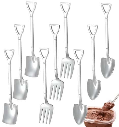 9 Pcs Silver Mini Shovel Spoons and Fork Set for Desserts Include 3 Shovel Shape 3 Pointed 3 Stainless Steel Fork Ice Cream Spoons for Home Party Kitchen Restaurant Bistro,4.7in