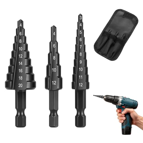 Image of Step Drill Bit Set Titanium Steel Coated Cone Cutter Drill Bit Set High Speed Hole Cutter Power Tools Hex Shank for Wood Stainless Steel Sheet Metal Diy Plastic(3-12MM, 4-12MM and 4-20MM) (black)
