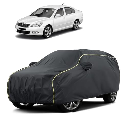 Image of Sulfar 100% Water Resistant Car Body Cover Compatible with Mirror for Skoda Laura (Triple Stitched, Full Bottom Elastic, Dark Grey Taffeta with Yellow Piping)