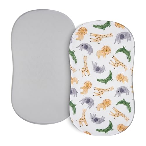 Image of TILLYOU Baby Bassinet Sheets for Girls Boys 2 Pack Baby Sheets for Square Rectangle Oval Bassinet Mattress 33X16 Inch, African Steppe & Grey