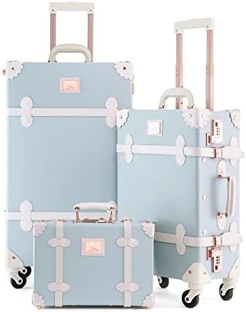 Unitravel 3 Piece Vintage Combination Luggage Set, Hardshell Retro Travel Trunk Suitcase with Train Bag for Women (Embossed Blue, 26"+20"+12")