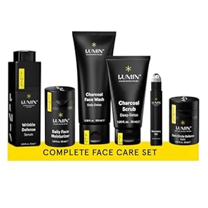 Lumin – Complete Set Men’s skincare Routine includes: Charcoal Face Wash, Charcoal Scrub, Face Moisturizer, Wrinkle Serum, Recovery Oil & Dark Circle Defense Balm