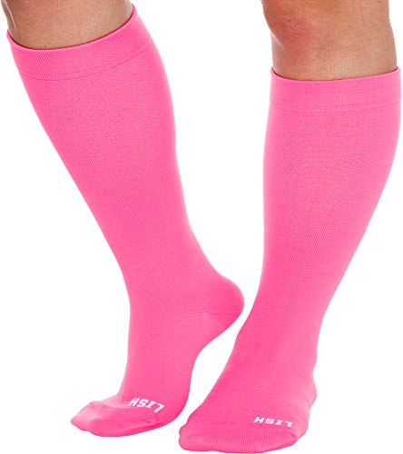 LISH Plain Jane Wide Calf Firm Extra Compression Socks - Graduated 20-30 mmHg Knee High Plus Size Support Stockings (Pink, M/L)