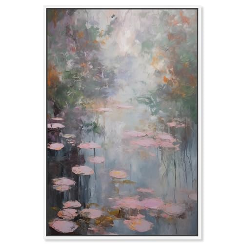 Art Remedy Pink Impressionisty Lilypads Framed Impressionism 1 Piece Canvas Wall Art/Monet And Van Gogh Inspired Art, 11" x 16", White Frame