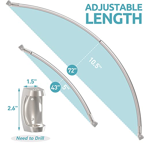 Bonpally Curved Shower Curtain Rod 43-72 Inches Adjustable, Aluminum Shower Rod Rustproof, Round Shower Curtain Rod, Curved Shower Rods For Bathroom, Bathtub, Stall, Brush Nickel, Need To Drill #TOP1