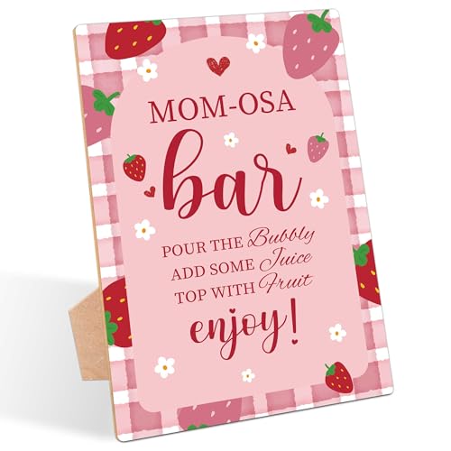 Strawberry Baby Shower Table Sign, Mom-osa Bar Sign, Pack of 1 Wooden Tabletop Sign with Stand, Berry Baby Shower Supplies, Gender Reveal Party Decorations - RG63