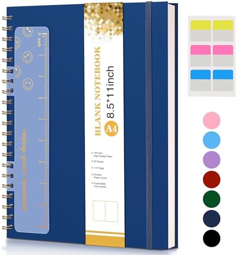 Blank Notebook, Spiral Notebook Journal 8.5” x 11”, A4 Large Blank Notebooks for Women Men, 100 GSM Paper, Plastic Hardcover Spiral Blank Journals for Writing Work School Sketching Business, Navy